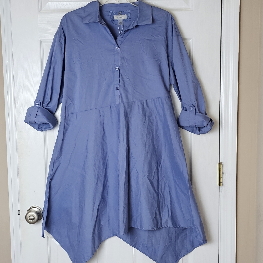 Cupio Colony Blue Shark Bite Medium Shirt Dress NWOT Roll Tab Side‎ Slit Layer